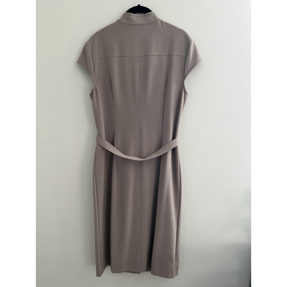 Connected Apparel Dress Womens 12 Taupe Button Front Belted Midi Cap Sleeve Work - Picture 2 of 11